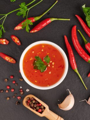 red hot chilli sauce. tomato ketchup, chilli sauce, puree with