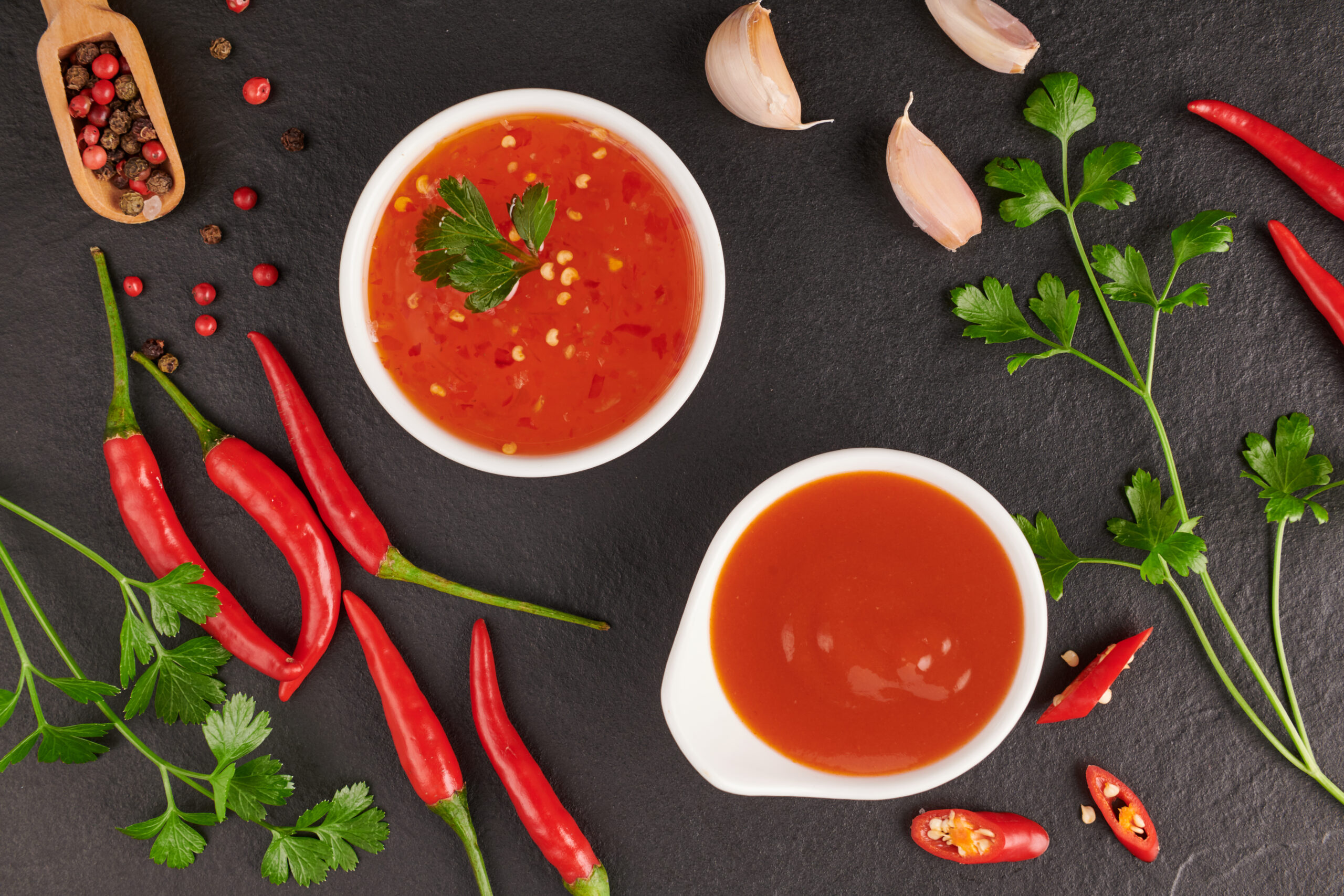 red hot chilli sauce. tomato ketchup, chilli sauce, puree with