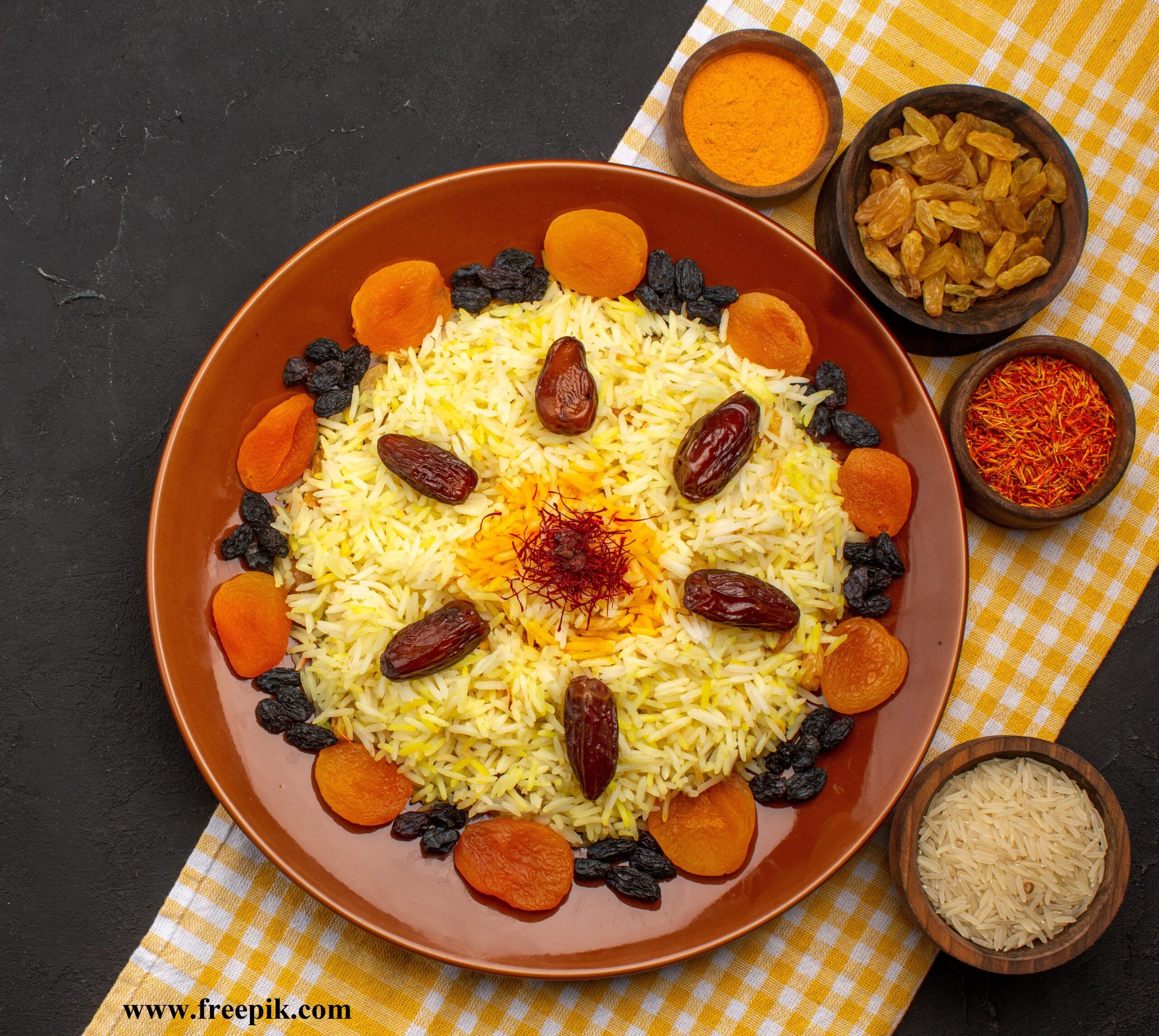 top view delicious plov with different raisins dark
